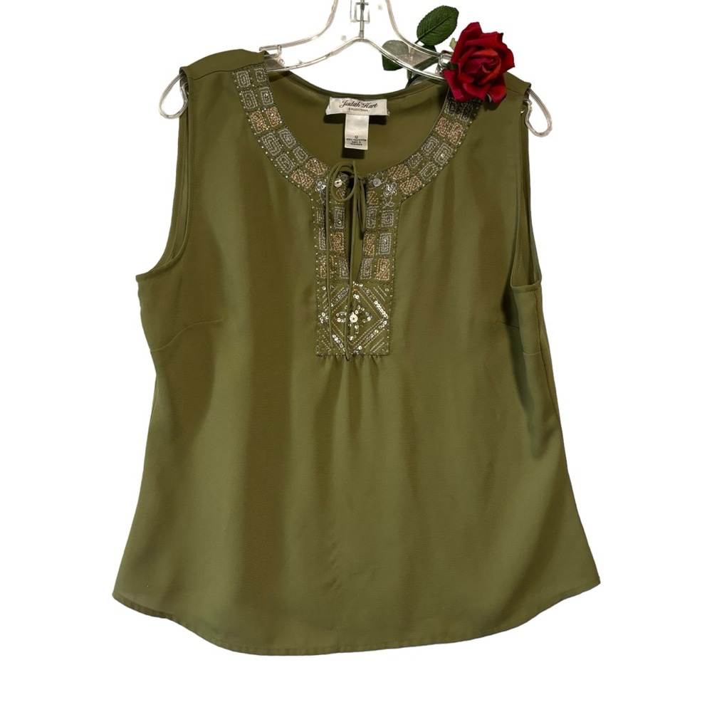 Vtg Judith Hart Collection Embellished EMB Sequins sleeveless green top 12 EUC